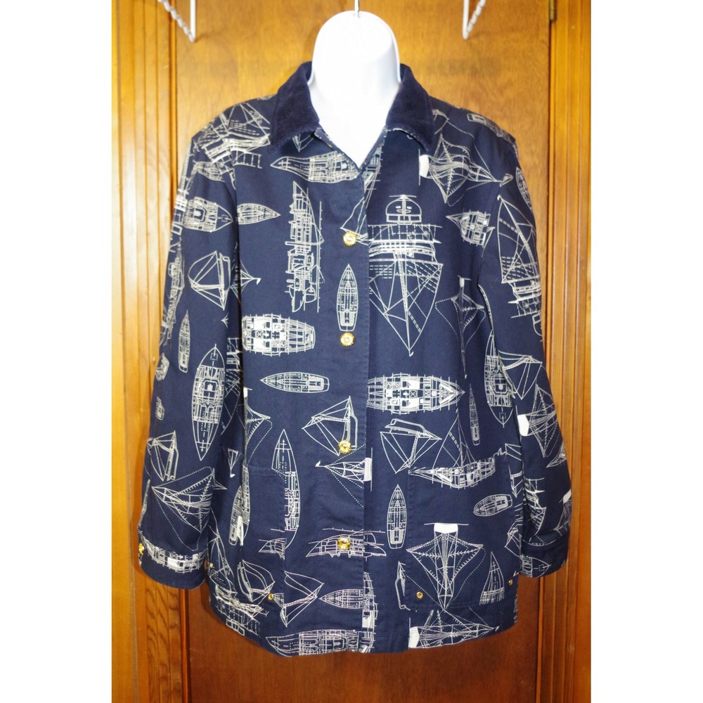 Lauren Ralph‎ Lauren Marine Supply Division Sailboat Print Canvas Jacket Navy M
